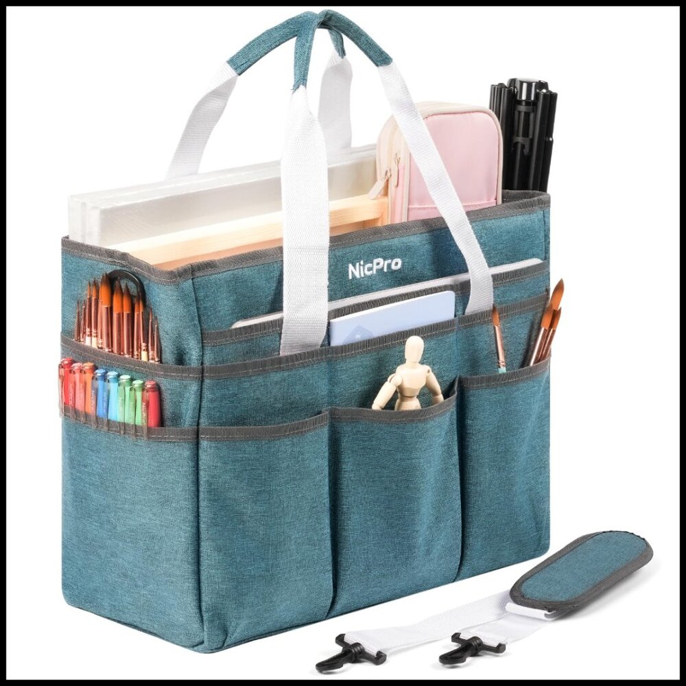 Large Craft Organizer Tote Bag with Multiple Pockets Detachable Strap Portable